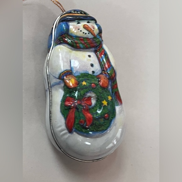 1994 Sees Candy Old Vintage Christmas Ornament Metal Candy container snowman 90s - Picture 3 of 6